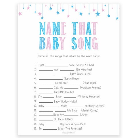 Gender reveal baby games, name that baby song baby game, gender reveal shower, fun baby games, gender reveal ideas, popular baby games, best baby games, printable baby games, gender reveal baby games