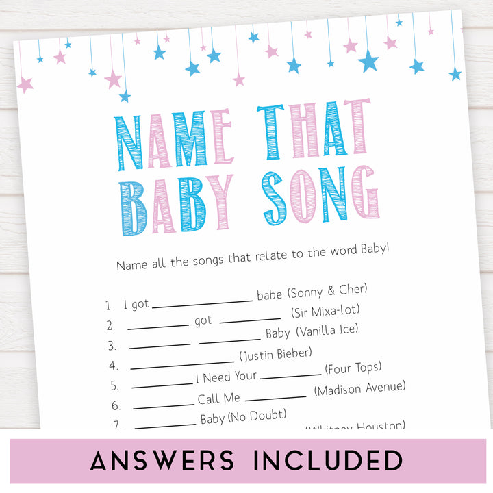Gender reveal baby games, name that baby song baby game, gender reveal shower, fun baby games, gender reveal ideas, popular baby games, best baby games, printable baby games, gender reveal baby games