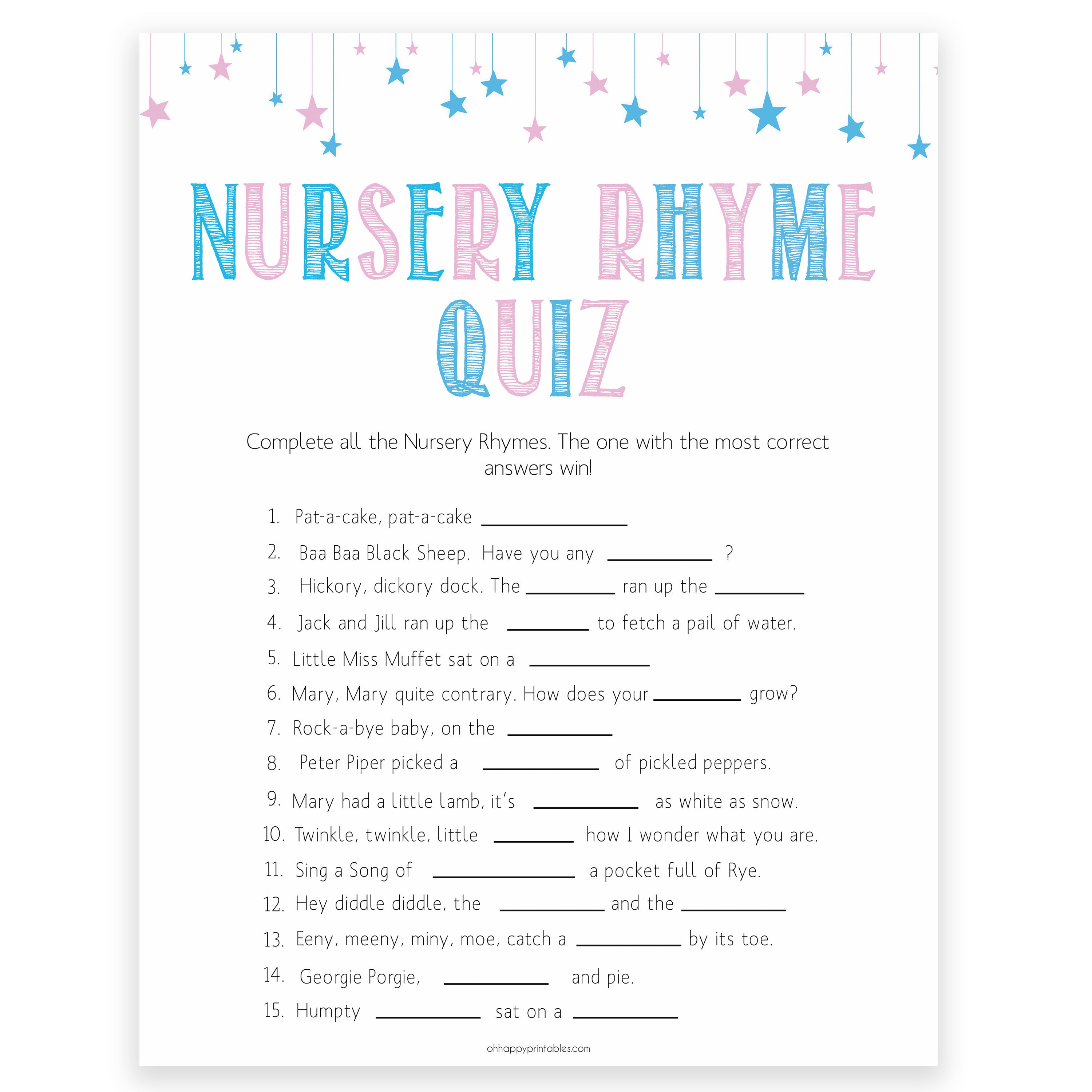 Gender reveal baby games, nursery rhyme quiz baby game, gender reveal shower, fun baby games, gender reveal ideas, popular baby games, best baby games, printable baby games, gender reveal baby games
