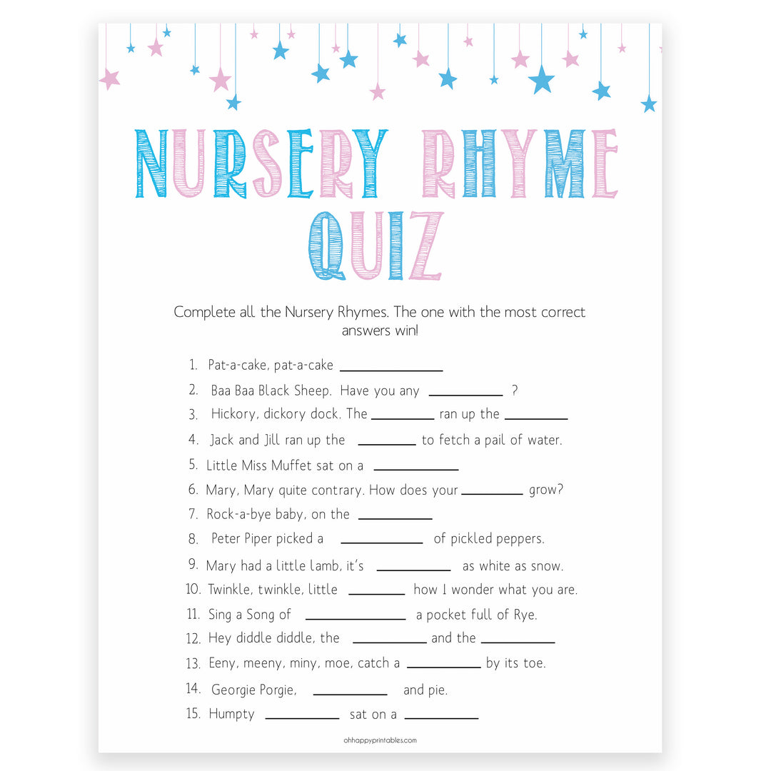 Gender reveal baby games, nursery rhyme quiz baby game, gender reveal shower, fun baby games, gender reveal ideas, popular baby games, best baby games, printable baby games, gender reveal baby games