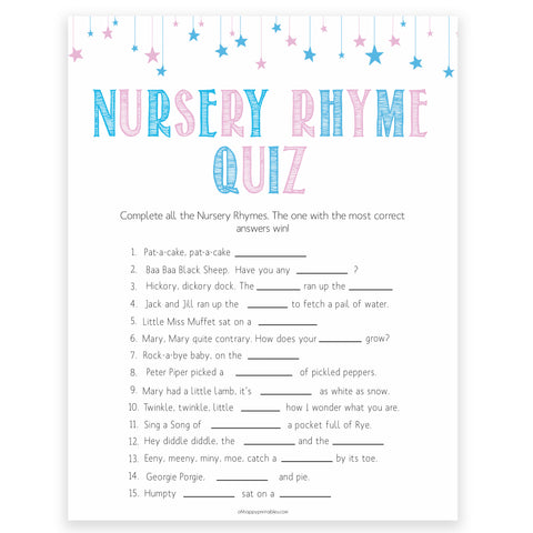 Gender reveal baby games, nursery rhyme quiz baby game, gender reveal shower, fun baby games, gender reveal ideas, popular baby games, best baby games, printable baby games, gender reveal baby games