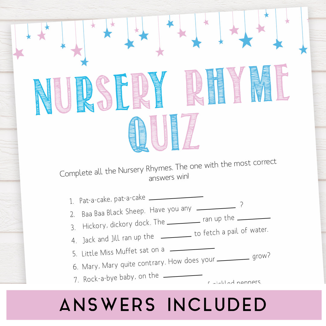 Gender reveal baby games, nursery rhyme quiz baby game, gender reveal shower, fun baby games, gender reveal ideas, popular baby games, best baby games, printable baby games, gender reveal baby games