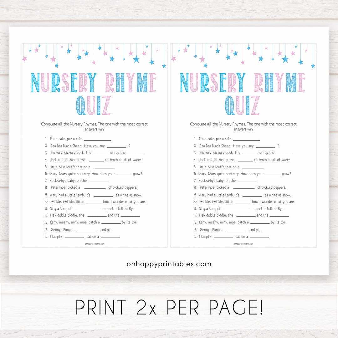 Gender reveal baby games, nursery rhyme quiz baby game, gender reveal shower, fun baby games, gender reveal ideas, popular baby games, best baby games, printable baby games, gender reveal baby games