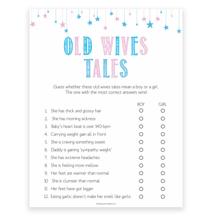 old wives tales baby shower game, printable baby shower games, gender reveal baby game