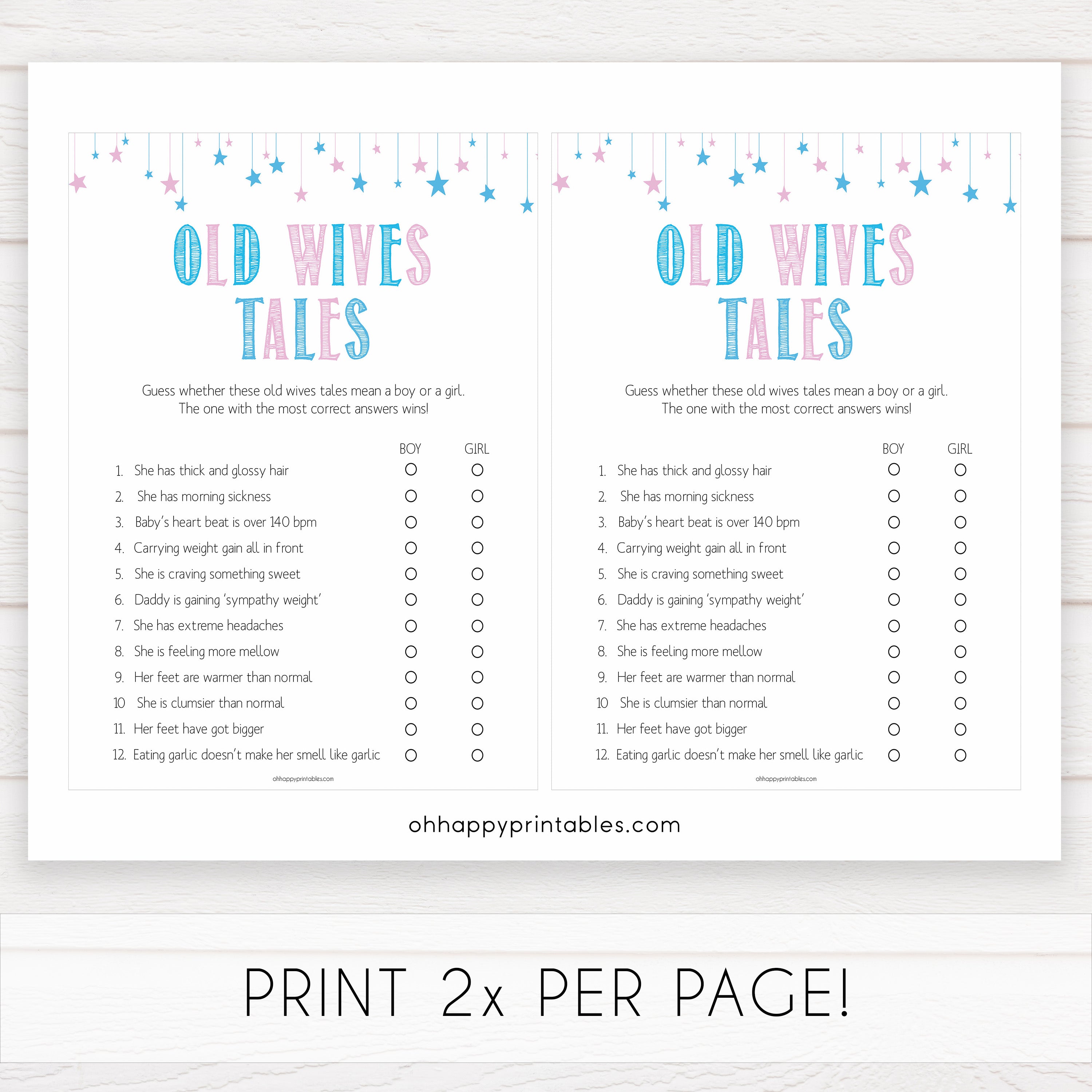 Old Wives Tales, Gender Reveal Baby Shower Game Printable, photo picture