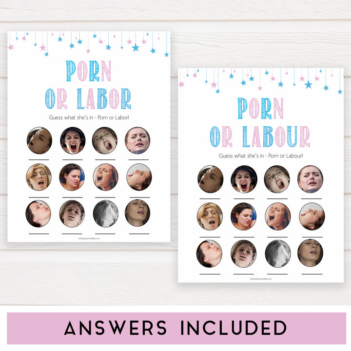 Gender reveal baby games, labor or porn baby game, porn or labour gender reveal shower, fun baby games, gender reveal ideas, popular baby games, best baby games, printable baby games, gender reveal baby games