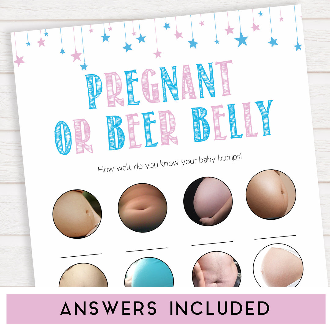 Gender reveal baby games, pregnant or beer belly baby game, gender reveal shower, fun baby games, gender reveal ideas, popular baby games, best baby games, printable baby games, gender reveal baby games