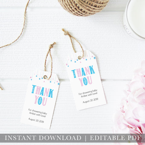 baby shower thank you tags, printable baby shower thank you tags, editable baby shower thank you tags, gender reveal thank you tags