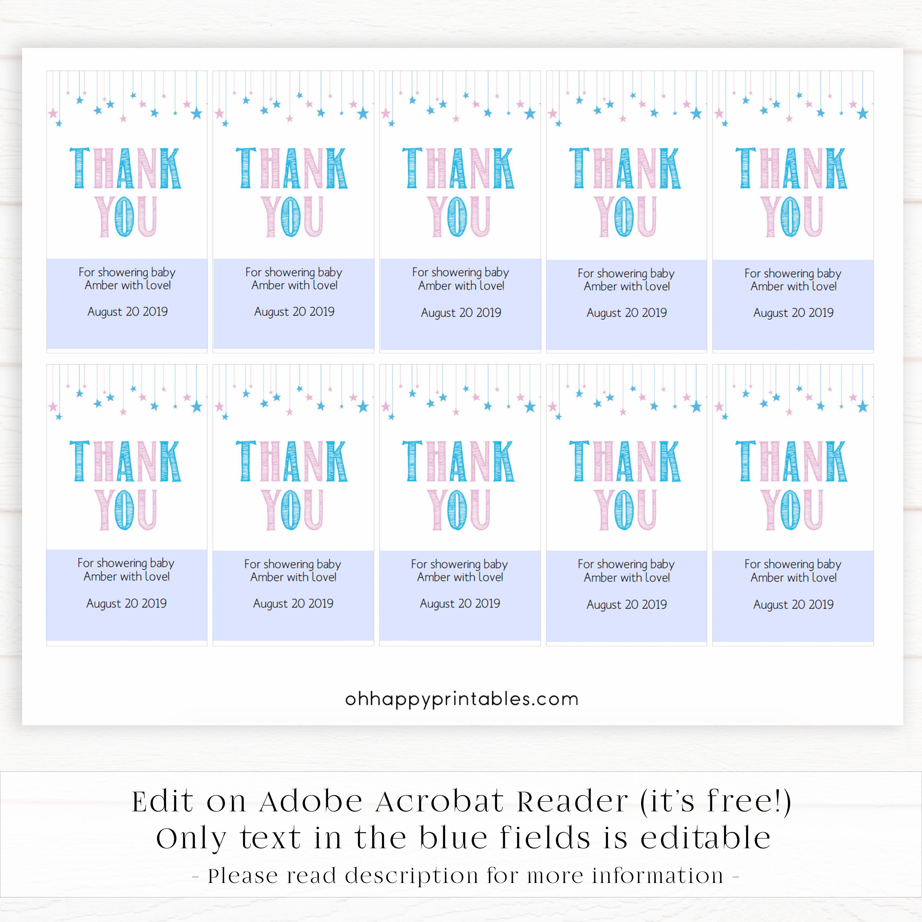 baby shower thank you tags, printable baby shower thank you tags, editable baby shower thank you tags, gender reveal thank you tags