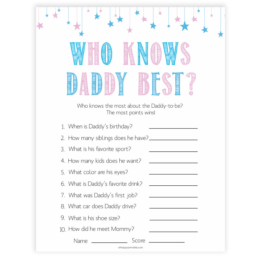 Gender reveal baby games, who knows daddy best baby game, gender reveal shower, fun baby games, gender reveal ideas, popular baby games, best baby games, printable baby games, gender reveal baby games