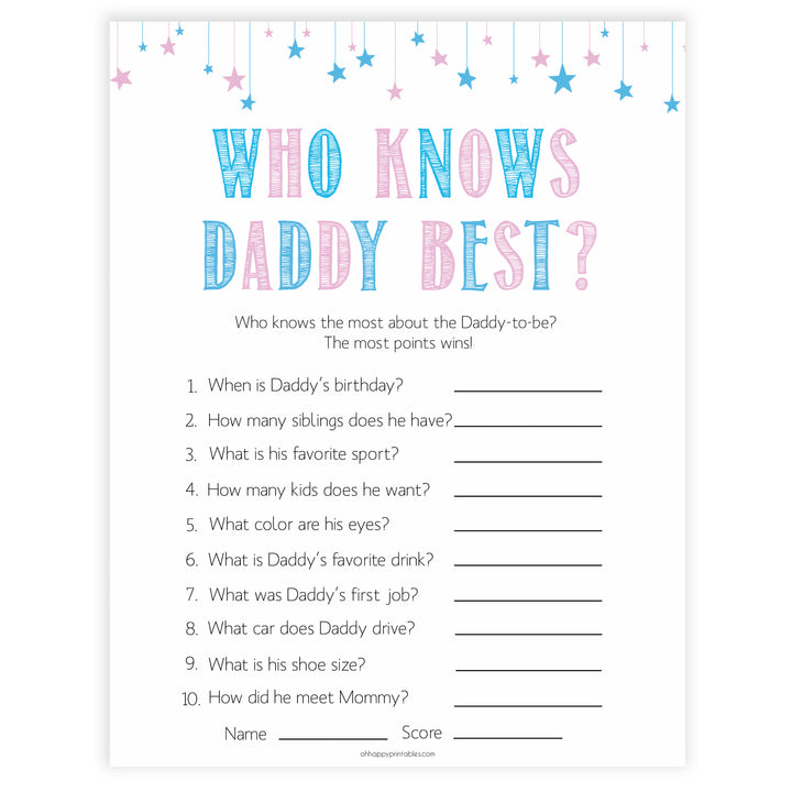 Gender reveal baby games, who knows daddy best baby game, gender reveal shower, fun baby games, gender reveal ideas, popular baby games, best baby games, printable baby games, gender reveal baby games