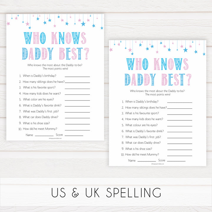 Gender reveal baby games, who knows daddy best baby game, gender reveal shower, fun baby games, gender reveal ideas, popular baby games, best baby games, printable baby games, gender reveal baby games