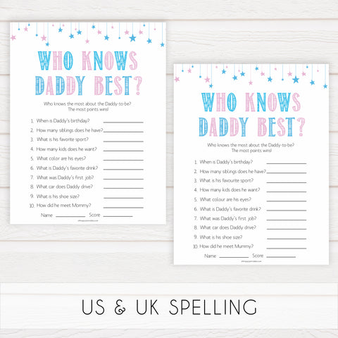 Gender reveal baby games, who knows daddy best baby game, gender reveal shower, fun baby games, gender reveal ideas, popular baby games, best baby games, printable baby games, gender reveal baby games