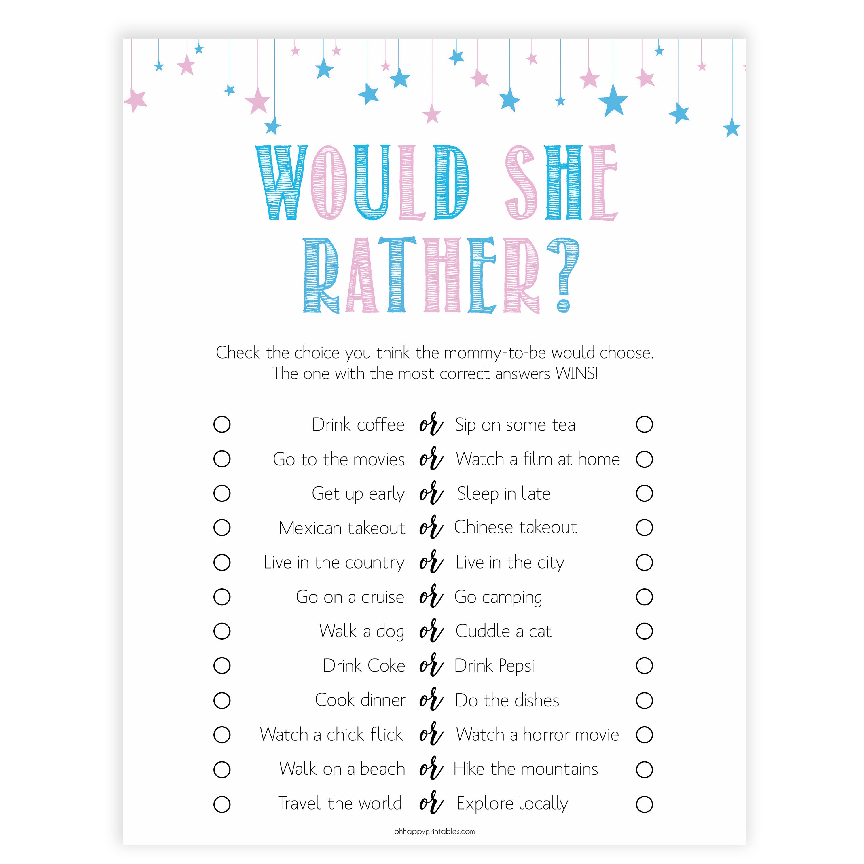 Gender reveal baby games, would she rather baby game, gender reveal shower, fun baby games, gender reveal ideas, popular baby games, best baby games, printable baby games, gender reveal baby games