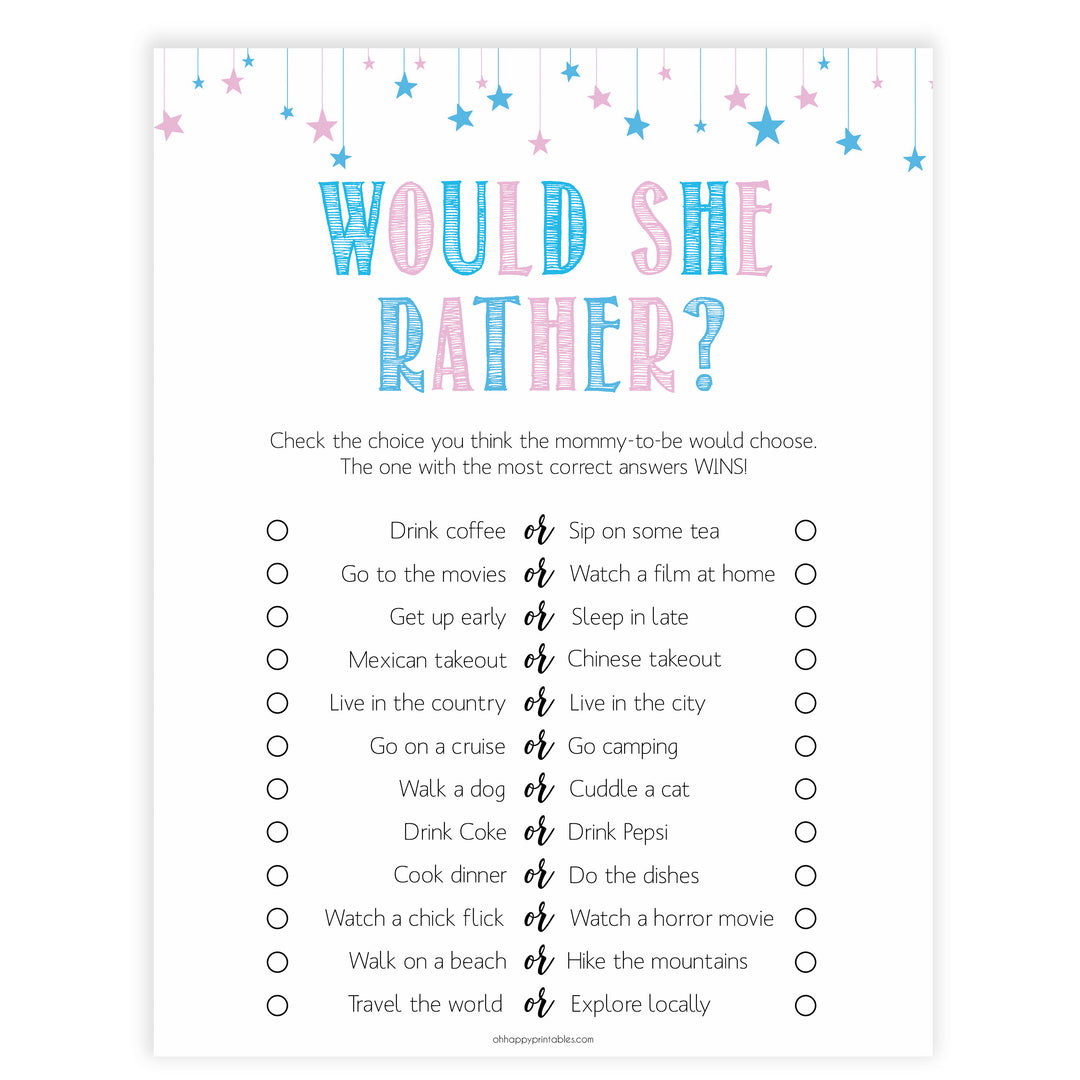 Gender reveal baby games, would she rather baby game, gender reveal shower, fun baby games, gender reveal ideas, popular baby games, best baby games, printable baby games, gender reveal baby games