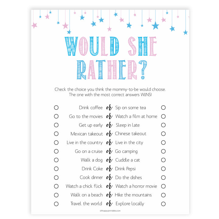 Gender reveal baby games, would she rather baby game, gender reveal shower, fun baby games, gender reveal ideas, popular baby games, best baby games, printable baby games, gender reveal baby games