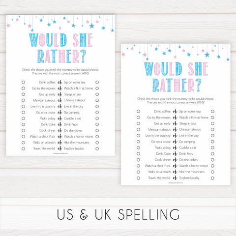 Gender reveal baby games, would she rather baby game, gender reveal shower, fun baby games, gender reveal ideas, popular baby games, best baby games, printable baby games, gender reveal baby games