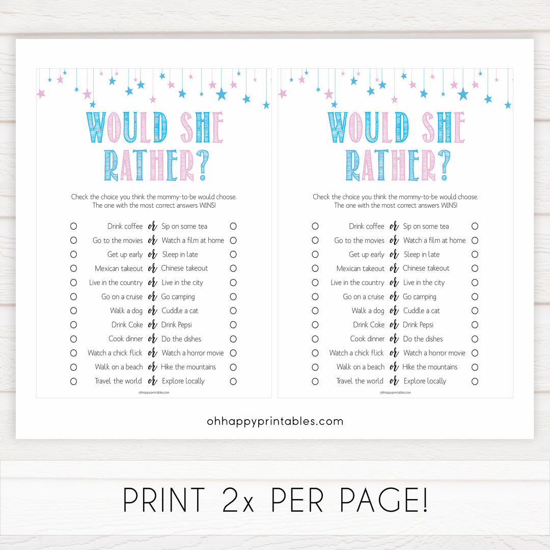 Gender reveal baby games, would she rather baby game, gender reveal shower, fun baby games, gender reveal ideas, popular baby games, best baby games, printable baby games, gender reveal baby games