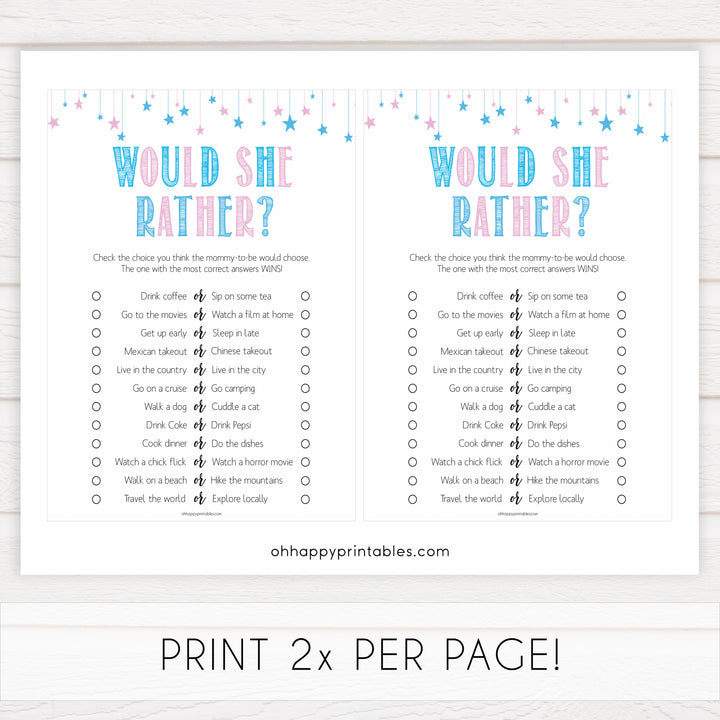 Gender reveal baby games, would she rather baby game, gender reveal shower, fun baby games, gender reveal ideas, popular baby games, best baby games, printable baby games, gender reveal baby games