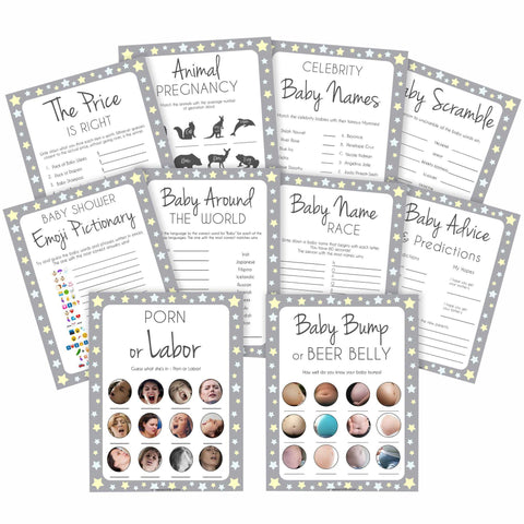 Grey Yellow 10 Baby Shower Games, Printable Baby Shower Games, Baby Shower Games, Stars Baby Shower Games, Baby Shower Pack, Baby Shower, fun baby shower games, popular baby shower games