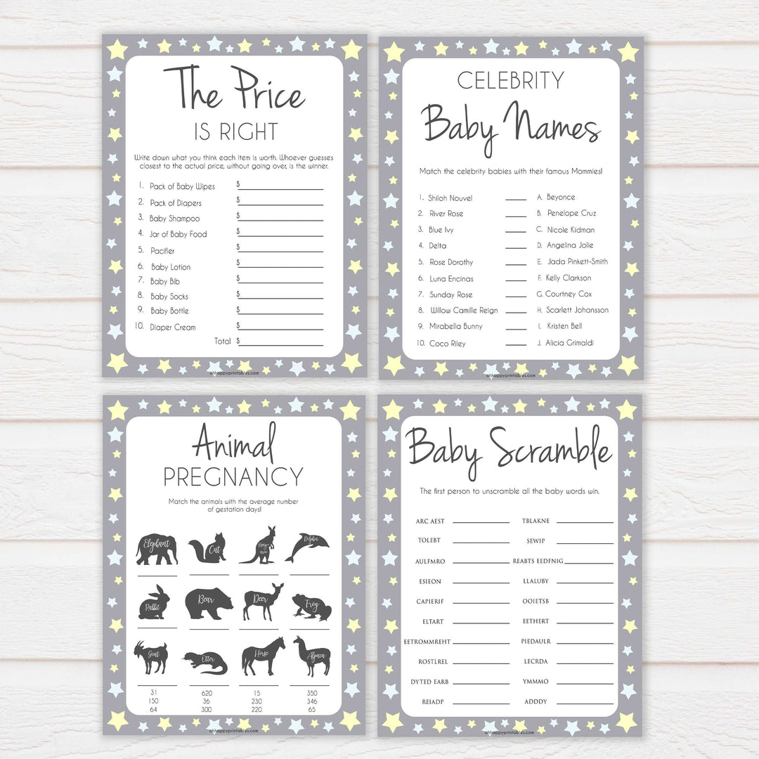 Grey Yellow 10 Baby Shower Games, Printable Baby Shower Games, Baby Shower Games, Stars Baby Shower Games, Baby Shower Pack, Baby Shower, fun baby shower games, popular baby shower games