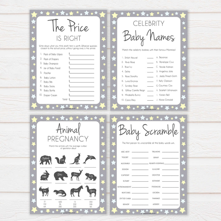 Grey Yellow 10 Baby Shower Games, Printable Baby Shower Games, Baby Shower Games, Stars Baby Shower Games, Baby Shower Pack, Baby Shower, fun baby shower games, popular baby shower games