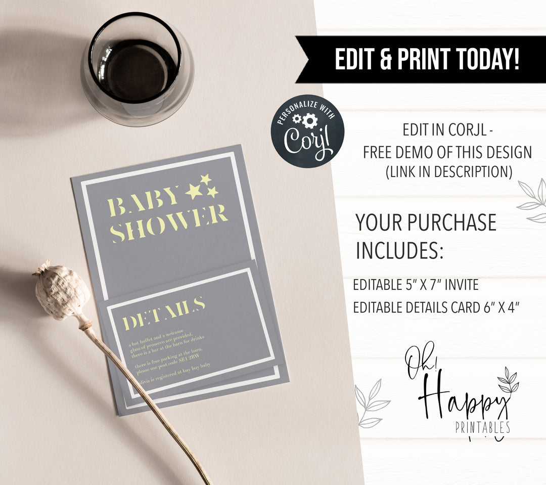 printable baby shower invitations, editable baby shower invitations, star baby shower invitations, fun baby shower invitations, yellow star baby theme, mobile baby shower invitations