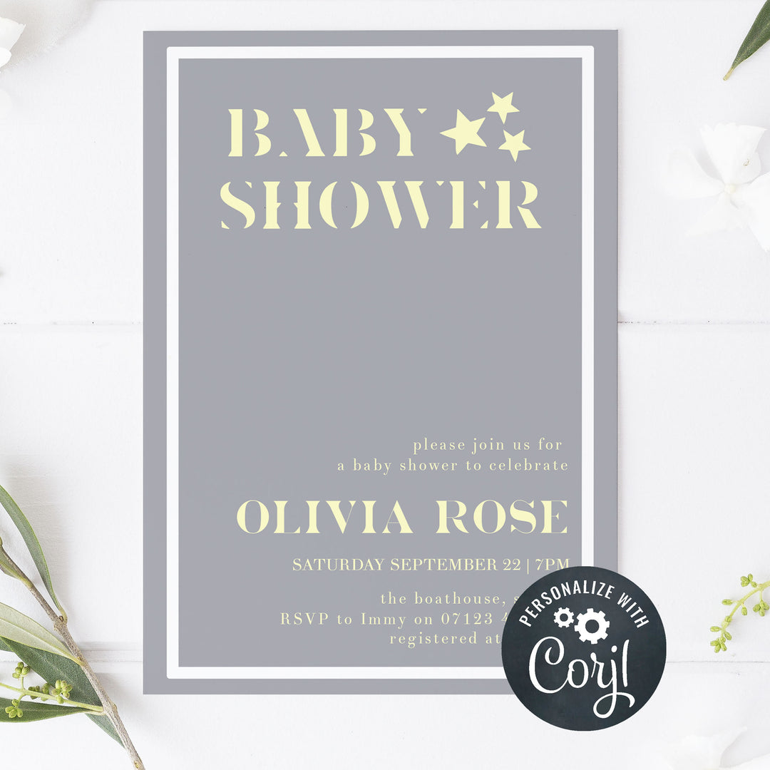printable baby shower invitations, editable baby shower invitations, star baby shower invitations, fun baby shower invitations, yellow star baby theme, mobile baby shower invitations