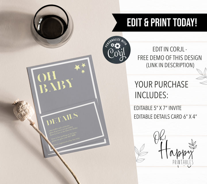 printable baby shower invitations, editable baby shower invitations, star baby shower invitations, fun baby shower invitations, yellow star baby theme, mobile baby shower invitations