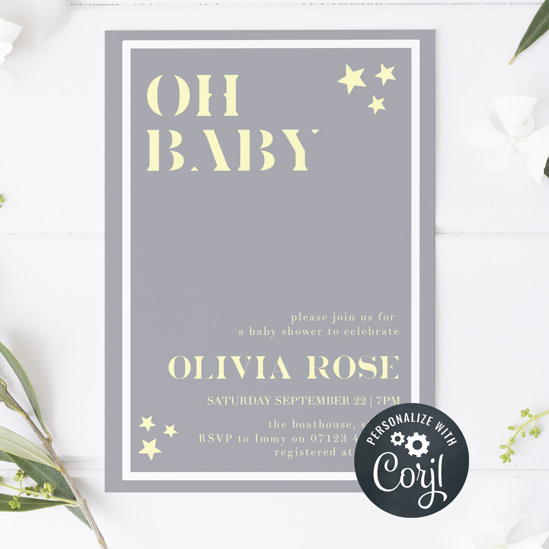 printable baby shower invitations, editable baby shower invitations, star baby shower invitations, fun baby shower invitations, yellow star baby theme, mobile baby shower invitations
