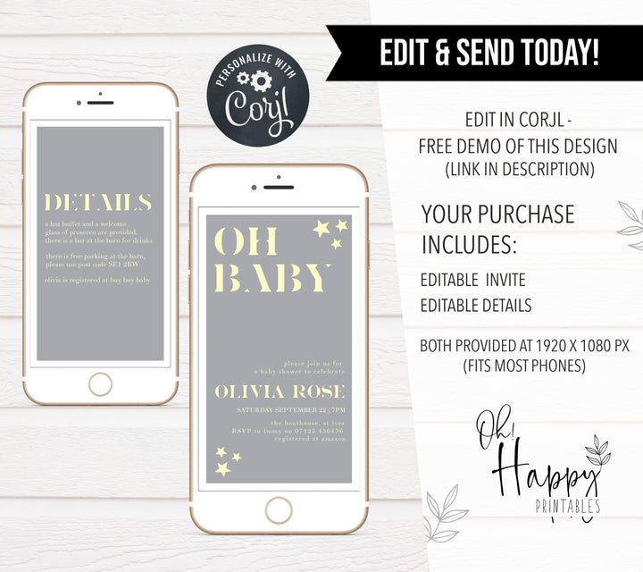 printable baby shower invitations, editable baby shower invitations, star baby shower invitations, fun baby shower invitations, yellow star baby theme, mobile baby shower invitations