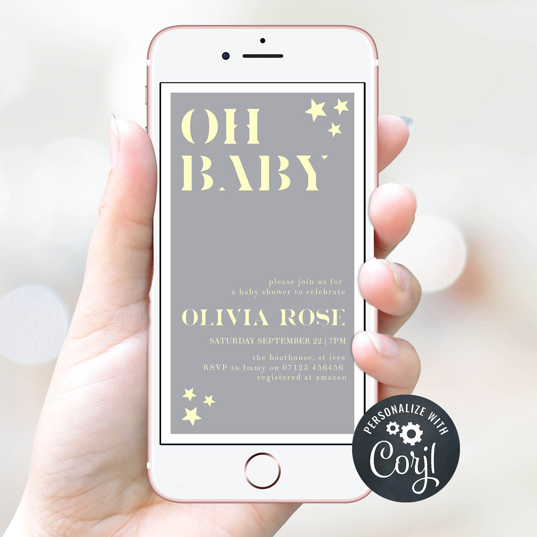 printable baby shower invitations, editable baby shower invitations, star baby shower invitations, fun baby shower invitations, yellow star baby theme, mobile baby shower invitations