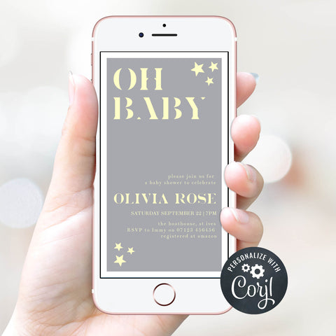printable baby shower invitations, editable baby shower invitations, star baby shower invitations, fun baby shower invitations, yellow star baby theme, mobile baby shower invitations