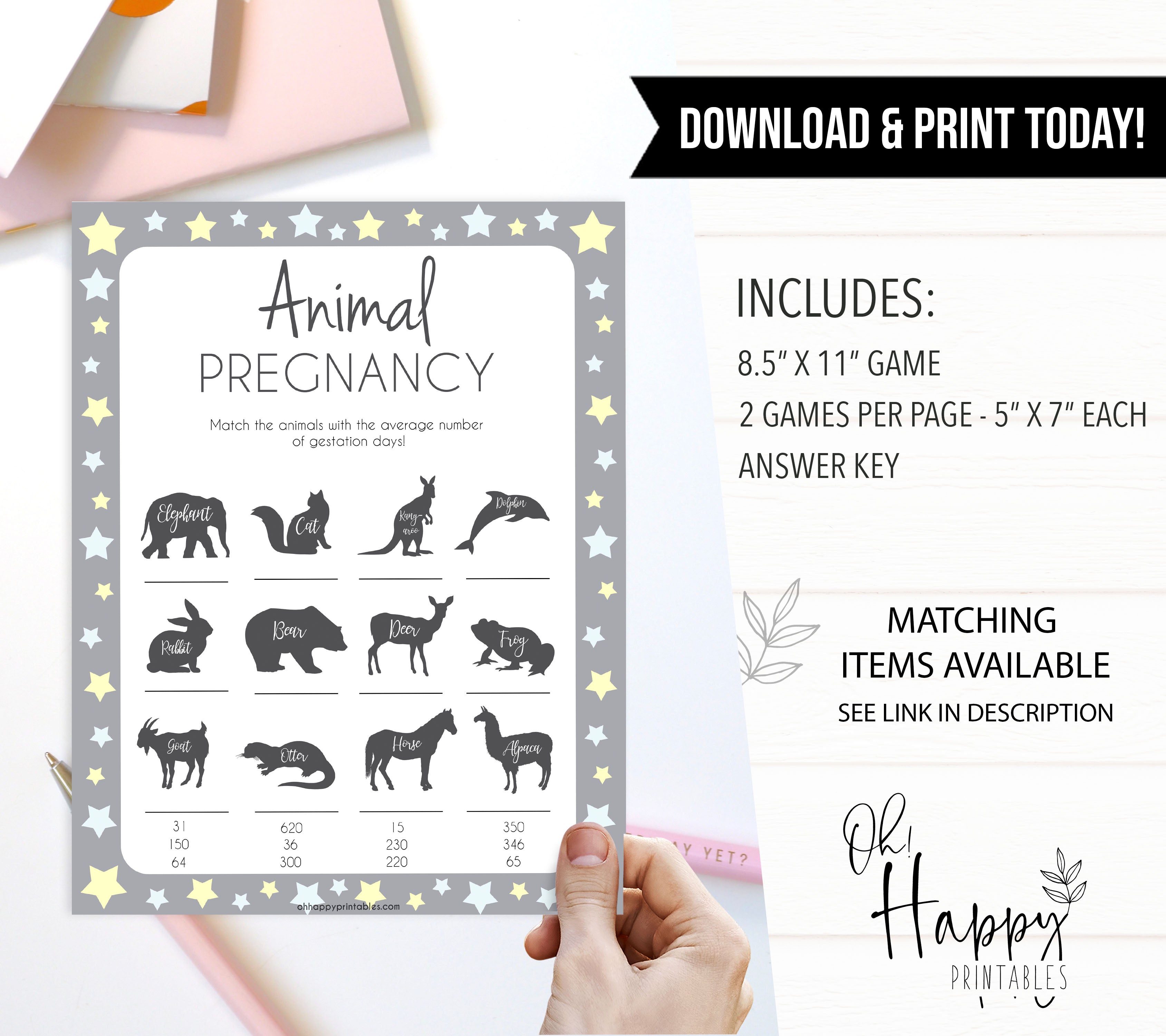 Grey & Yellow Stars Animal Pregnancy Game, Animal Gestation Game, Printable Baby Shower Game, Yellow Animal Pregnancy Game, Grey Baby Shower Games, printable baby shower games, fun baby shower games, popular baby shower games