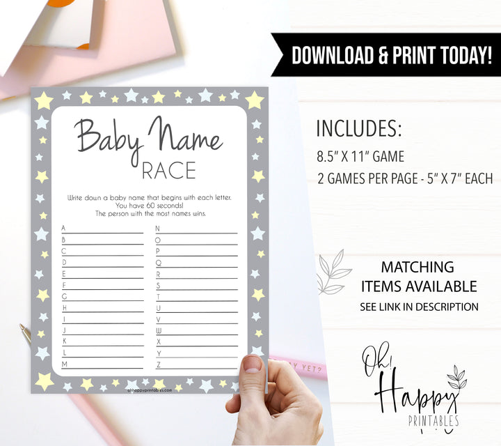 Grey Yellow Star Baby Name Race Game, Printable Baby Shower Games, Baby Names Game, Baby Names, Grey Baby Shower Game, Baby Name Race, popular baby shower games, printable baby shower games fun baby shower games