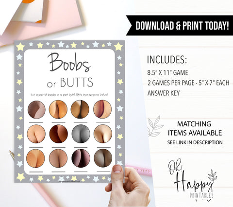 Grey Yellow Stars Boobs or Butts Game, Printable Baby Shower Games, Boobs or Butts Game, Baby Shower Games, Boob Baby Game, Baby Games, popular baby games, fun baby shower games