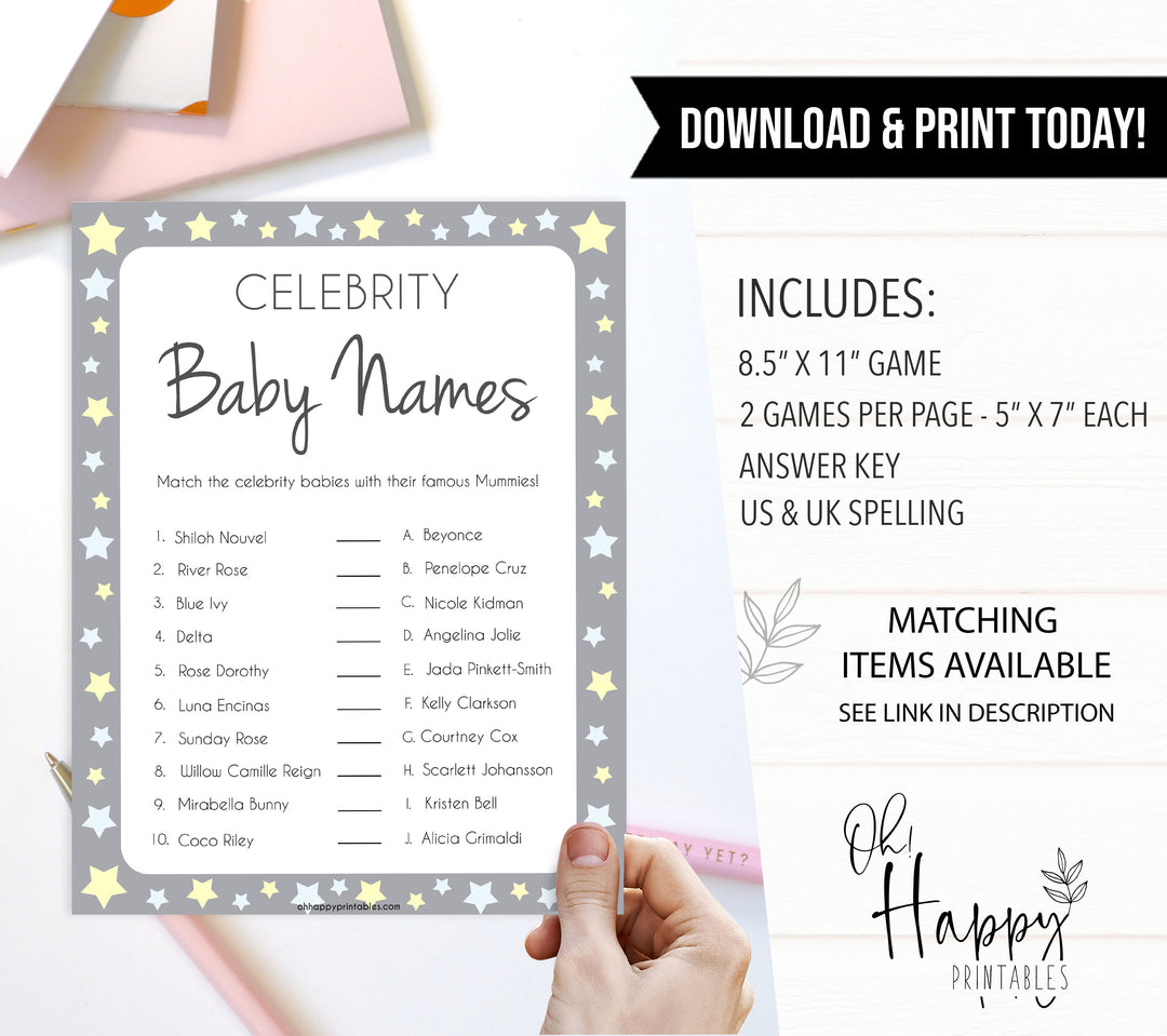 Grey Yellow Stars Celebrity Baby Names, Guess the Celebrity Baby, Famous Babies Game, Celebrity Babies Game, Printable Baby Shower Game, fun baby shower games, popular baby shower games