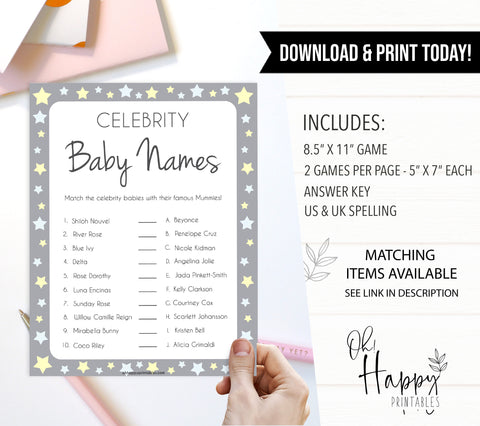 Grey Yellow Stars Celebrity Baby Names, Guess the Celebrity Baby, Famous Babies Game, Celebrity Babies Game, Printable Baby Shower Game, fun baby shower games, popular baby shower games