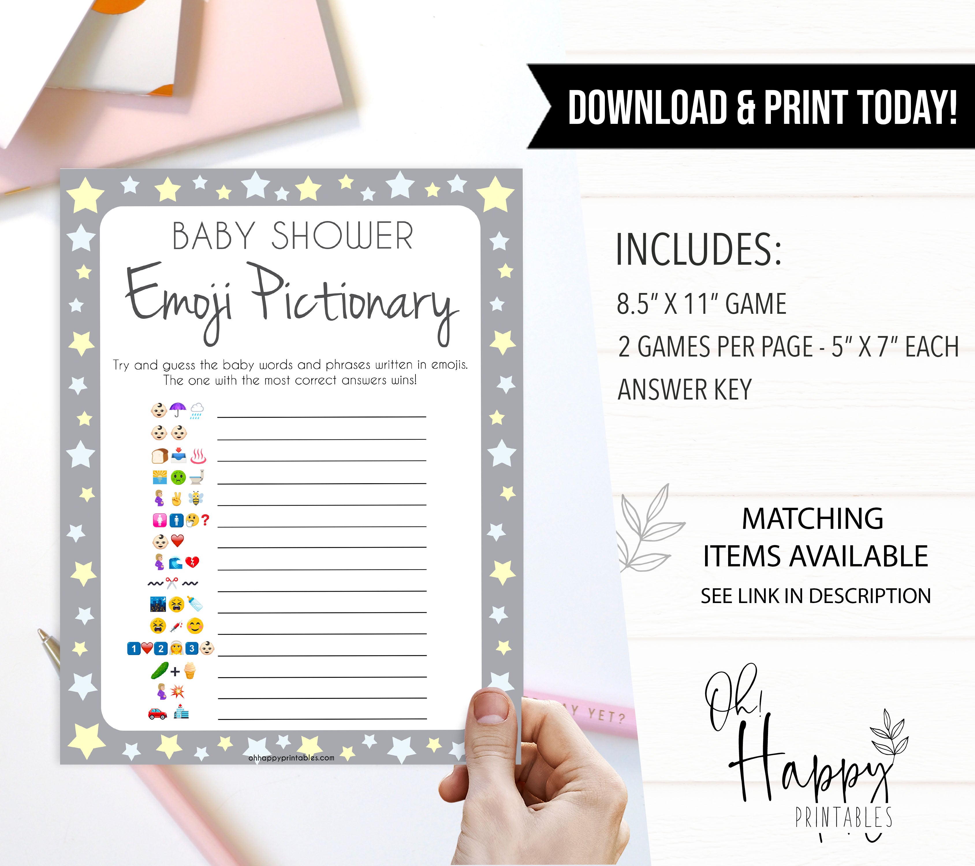 Grey Yellow Stars Emoji Pictionary Baby Shower Games, Printable Baby Shower Games, Emoji Pictionary, Stars Baby Shower Games. Emoji Game, fun abby shower games, popular baby shower games