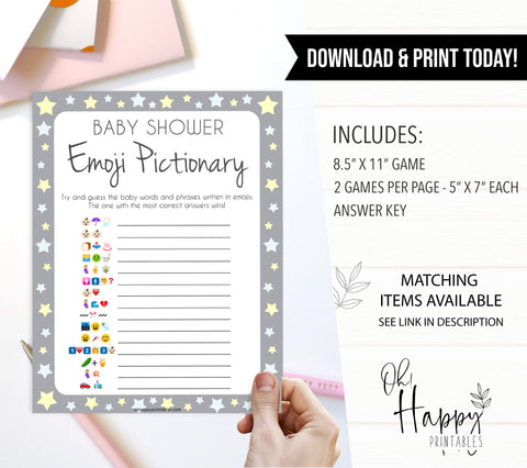 Grey Yellow Stars Emoji Pictionary Baby Shower Games, Printable Baby Shower Games, Emoji Pictionary, Stars Baby Shower Games. Emoji Game, fun abby shower games, popular baby shower games