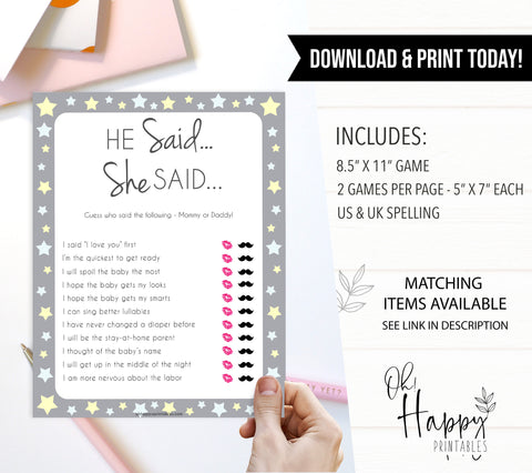 Grey Yellow Stars He Said She Said Baby Game, Who Said It, Pritnable Baby Shower Games, He Said She Said, Who Said It Mommy Daddy Game, fun baby shower games, popular baby shower games, printable baby shower games