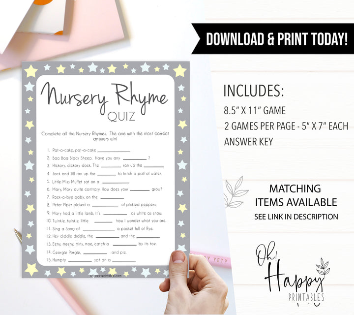 Grey Yellow Stars Nursery Rhyme Quiz, Baby Shower Games, Guess Nursery Rhyme, Stars Printable Baby Shower Games, Name that Nursery Rhyme, fun baby shower games, popular baby shower games