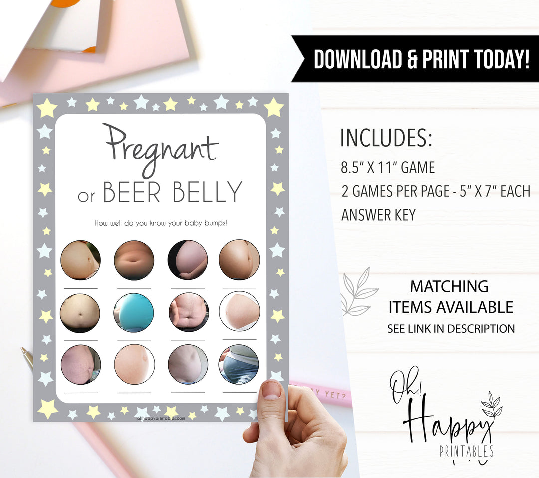 Grey Stars Pregnant or Beer Belly, Baby Bump or Beer Belly, Baby Bump Beer Belly, Printable Baby Shower Games, Pink, Printable, Pregnant , fun baby shower games, popular baby shower games