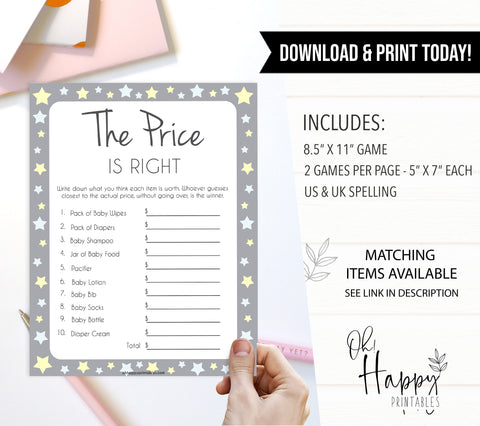 Grey Yellow Stars Price Is Right Baby Shower Game, Grey Stars Guess The Price Games, Printable Baby Shower Games, Price Is Right Game, fun baby shower games, popular baby shower games