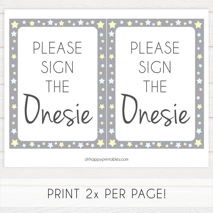 grey & yellow stars, sign the onesie, printable baby shower games, fun baby games, top baby shower games, star baby games, little star baby shower