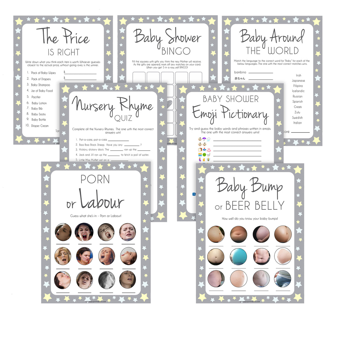 Grey Yellow Stars Baby Shower Games Pack, 7 Baby Shower Games, Grey Baby Shower Games, Printable Baby Shower Games, Stars Baby Shower, fun baby shower games, popular baby shower games