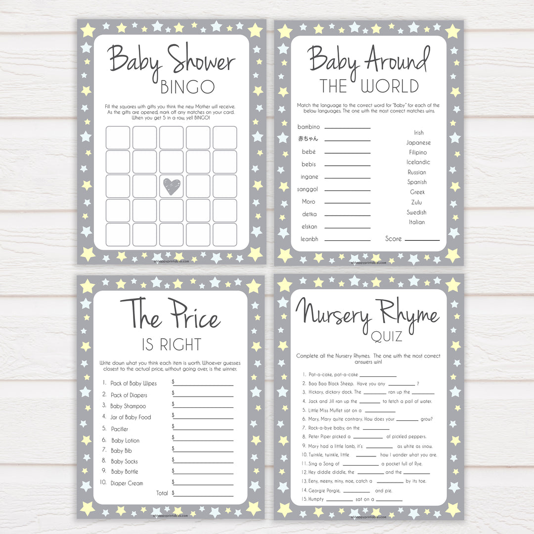 Grey Yellow Stars Baby Shower Games Pack, 7 Baby Shower Games, Grey Baby Shower Games, Printable Baby Shower Games, Stars Baby Shower, fun baby shower games, popular baby shower games