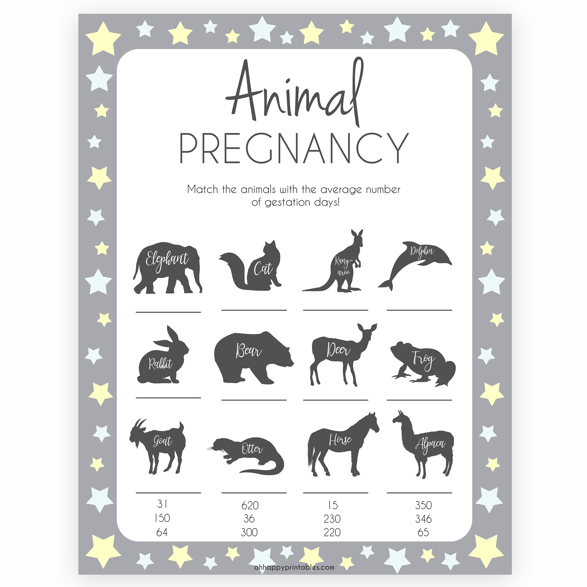 Grey & Yellow Stars Animal Pregnancy Game, Animal Gestation Game, Printable Baby Shower Game, Yellow Animal Pregnancy Game, Grey Baby Shower Games, printable baby shower games, fun baby shower games, popular baby shower games