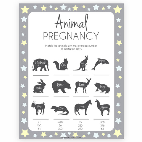 Grey & Yellow Stars Animal Pregnancy Game, Animal Gestation Game, Printable Baby Shower Game, Yellow Animal Pregnancy Game, Grey Baby Shower Games, printable baby shower games, fun baby shower games, popular baby shower games