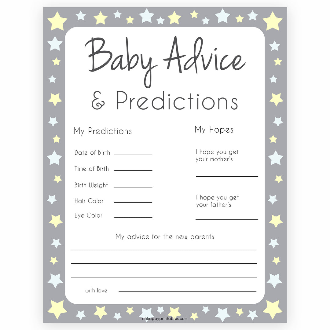 Grey Yellow Stars Baby Advice & Predictions, Printable Baby Shower Games, Baby Advice Game, Stars Baby Predictions Games, Baby Shower, printable baby shower games, fun baby shower games, popular baby shower games